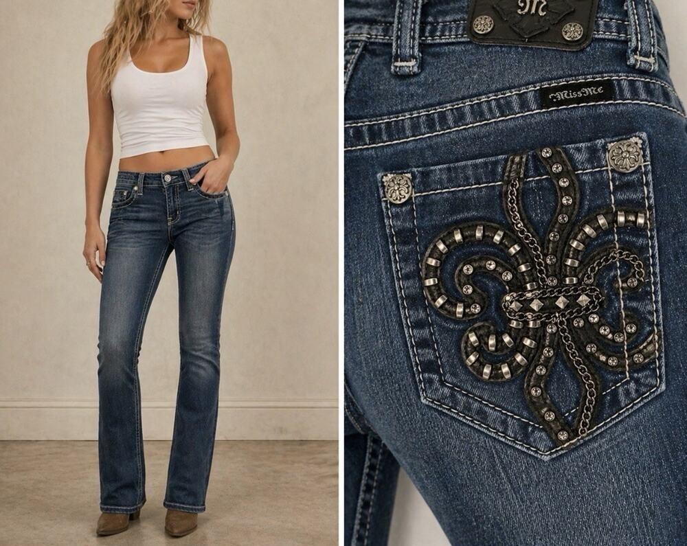 Miss Me Signature Skinny Jean Women 28 Dark Blue Wash Sequin Flap Pocket JP6048S